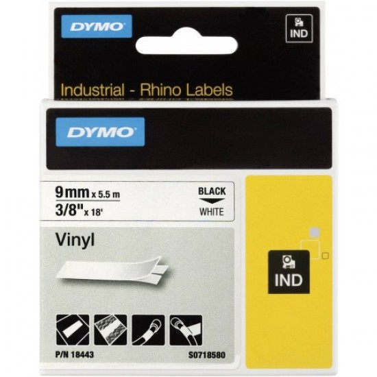 DYMO RhinoPRO 18443 Beyaz/Siyah Renkli Vinil Şerit 9 mm x 5,5 mt