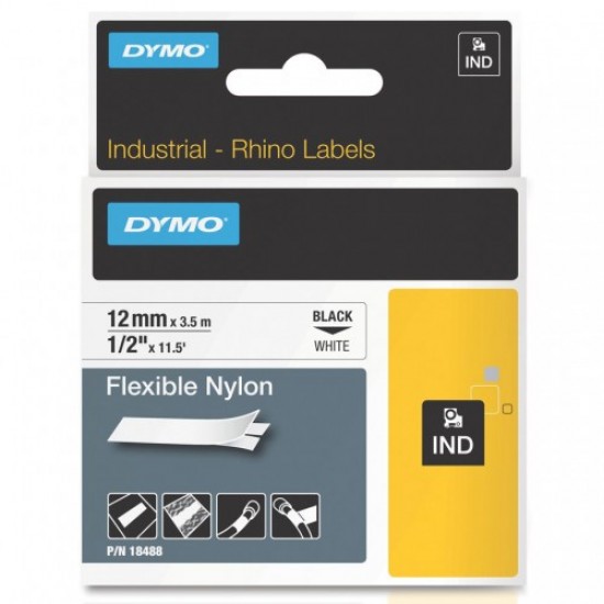 DYMO RhinoPRO 18488 Beyaz/Siyah Esnek Naylon Şerit 12 mm x 3,5 mt