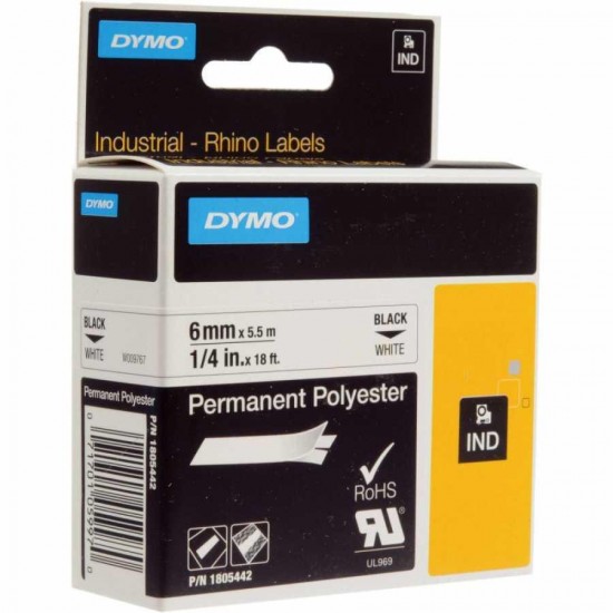 DYMO RhinoPRO 1805442 Beyaz/Siyah Sabit Polyester Şerit 6 mm x 5,5 mt