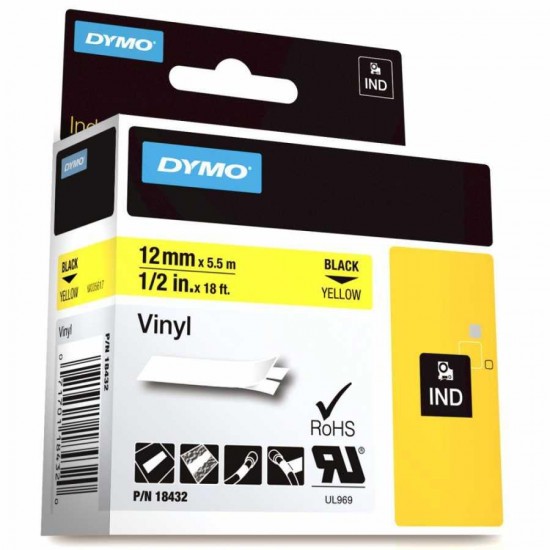 DYMO RhinoPRO 18432 Sarı/Siyah Renkli Vinil Şerit 12 mm x 5,5 mt