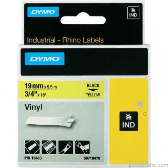 DYMO RhinoPRO 18433 Sarı/Siyah Renkli Vinil Şerit 19 mm x 5,5 mt